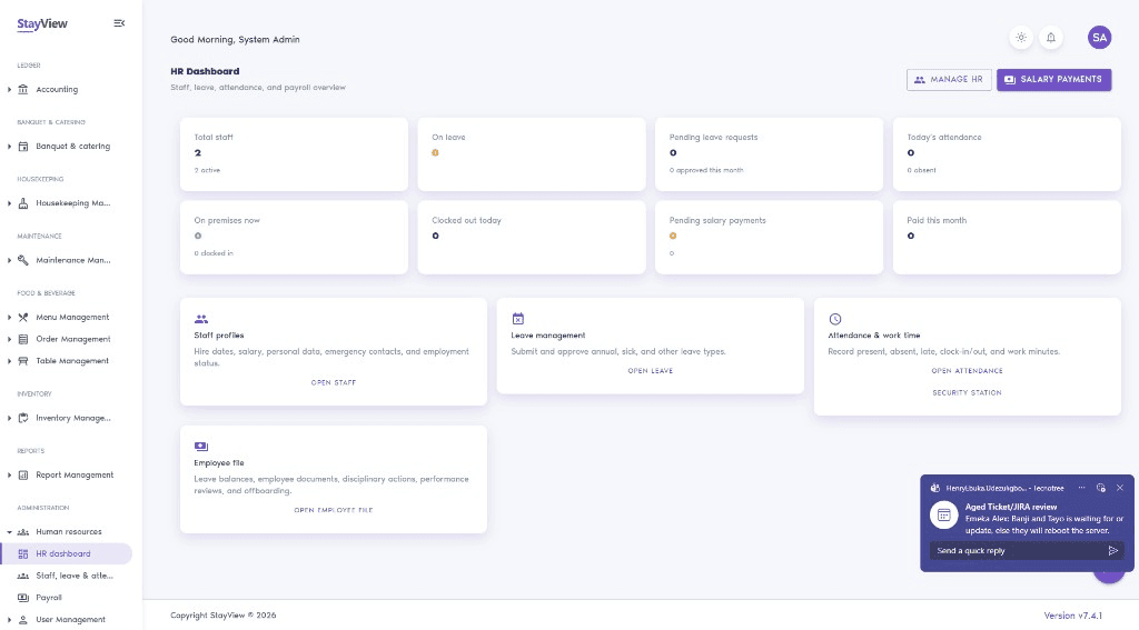 StayView HR dashboard with staff, leave, attendance, and payroll overview