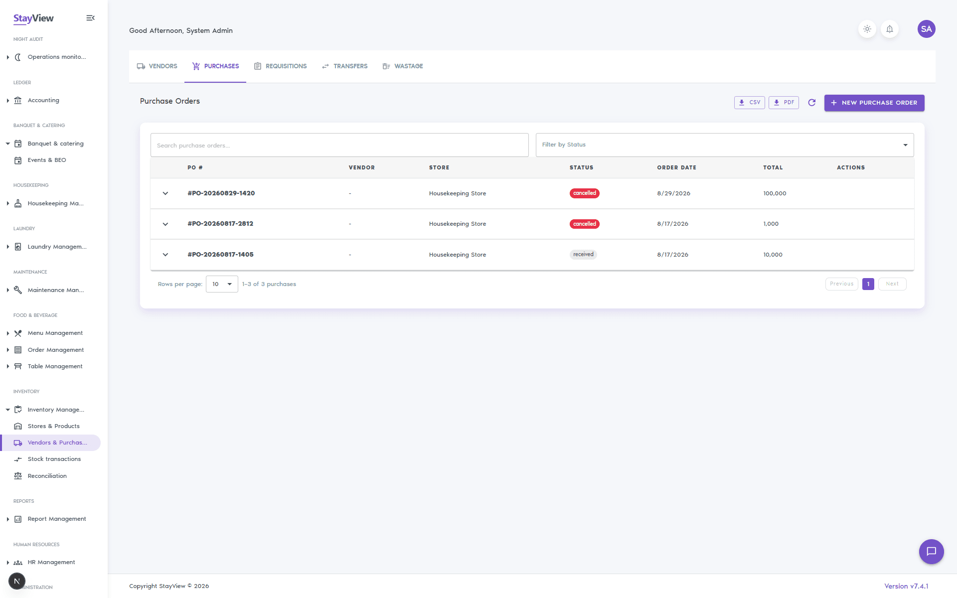 StayView inventory products management with stock levels and reorder points