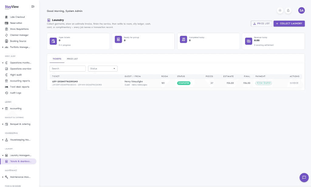 StayView laundry management with tickets, status board, estimates, and room charge settlement