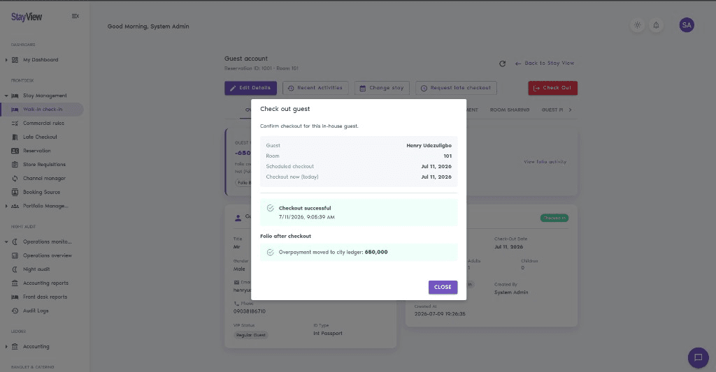 StayView guest checkout modal showing successful checkout and city ledger overpayment