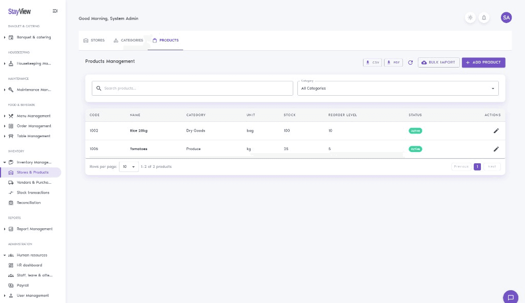StayView inventory products management with stock levels and reorder points